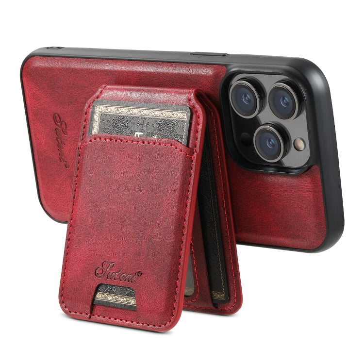 For iPhone 15 Pro Max Suteni H15 MagSafe Oil Eax Leather Detachable Wallet Back Phone Case(Red)