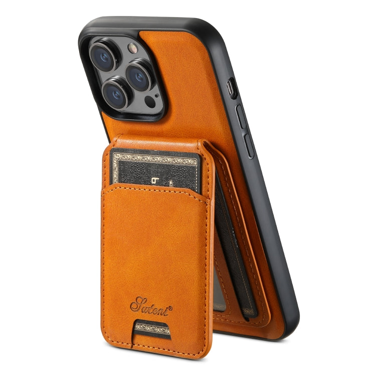 For iPhone 15 Pro Max Suteni H15 MagSafe Oil Eax Leather Detachable Wallet Back Phone Case(Khaki)