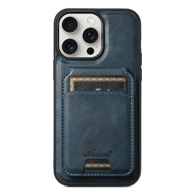 For iPhone 15 Pro Max Suteni H15 MagSafe Oil Eax Leather Detachable Wallet Back Phone Case(Blue)