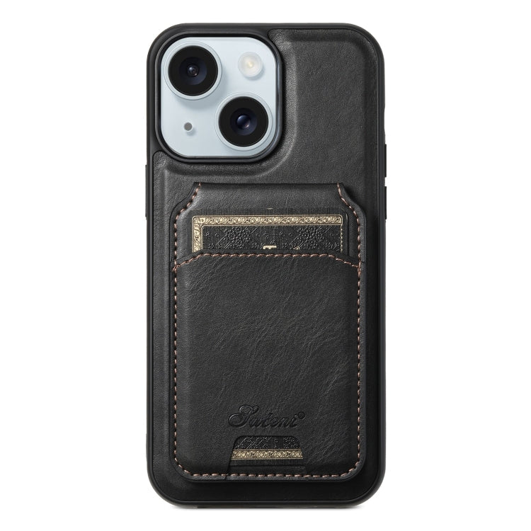 For iPhone 15 Plus Suteni H15 MagSafe Oil Eax Leather Detachable Wallet Back Phone Case(Black)