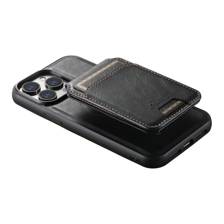 For iPhone 15 Suteni H15 MagSafe Oil Eax Leather Detachable Wallet Back Phone Case(Black)