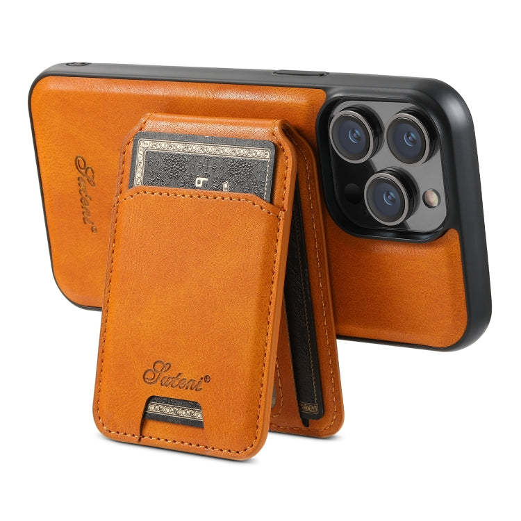 For iPhone 14 Plus Suteni H15 MagSafe Oil Eax Leather Detachable Wallet Back Phone Case(Khaki)