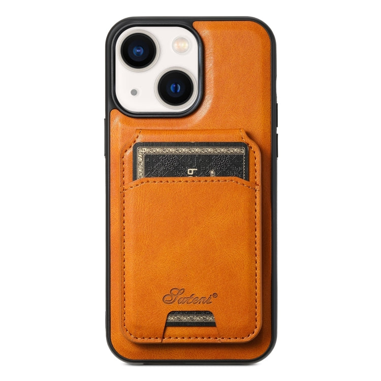 For iPhone 14 Plus Suteni H15 MagSafe Oil Eax Leather Detachable Wallet Back Phone Case(Khaki)