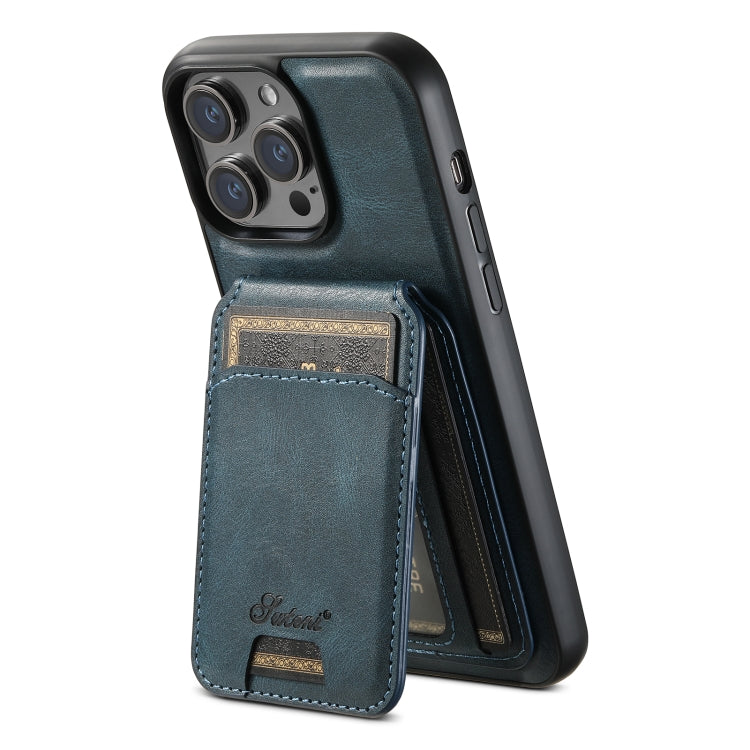 For iPhone 14 Suteni H15 MagSafe Oil Eax Leather Detachable Wallet Back Phone Case(Blue)