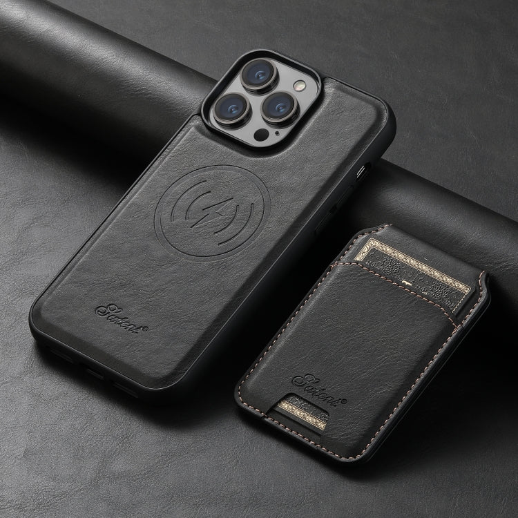For iPhone 14 Pro Max Suteni H15 MagSafe Oil Eax Leather Detachable Wallet Back Phone Case(Black)