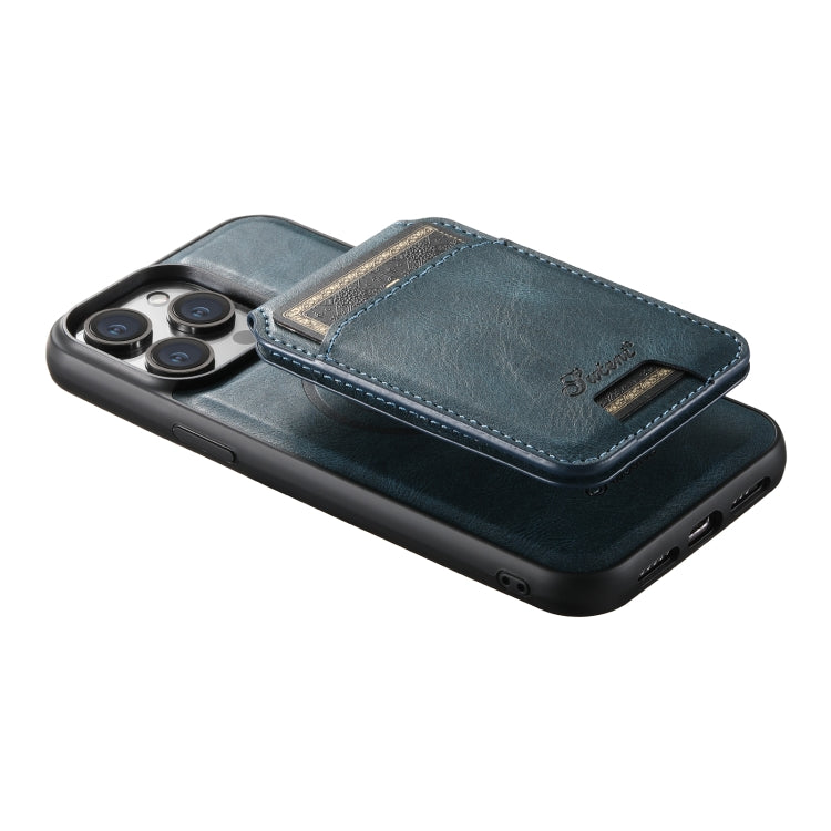 For iPhone 14 Pro Max Suteni H15 MagSafe Oil Eax Leather Detachable Wallet Back Phone Case(Blue)
