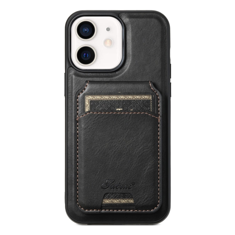 For iPhone 12  Suteni H15 MagSafe Oil Eax Leather Detachable Wallet Back Phone Case(Black)