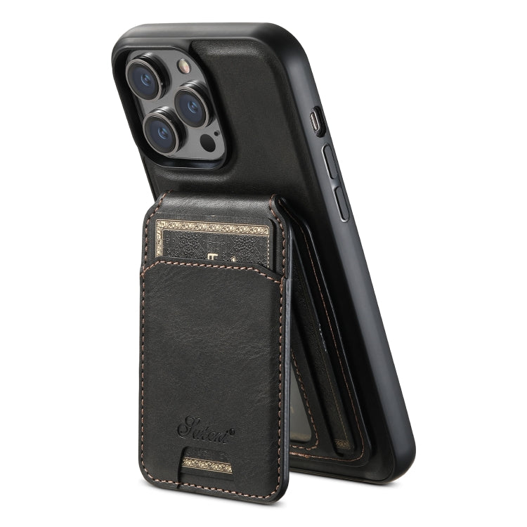 For iPhone 12 Pro Max Suteni H15 MagSafe Oil Eax Leather Detachable Wallet Back Phone Case(Black)