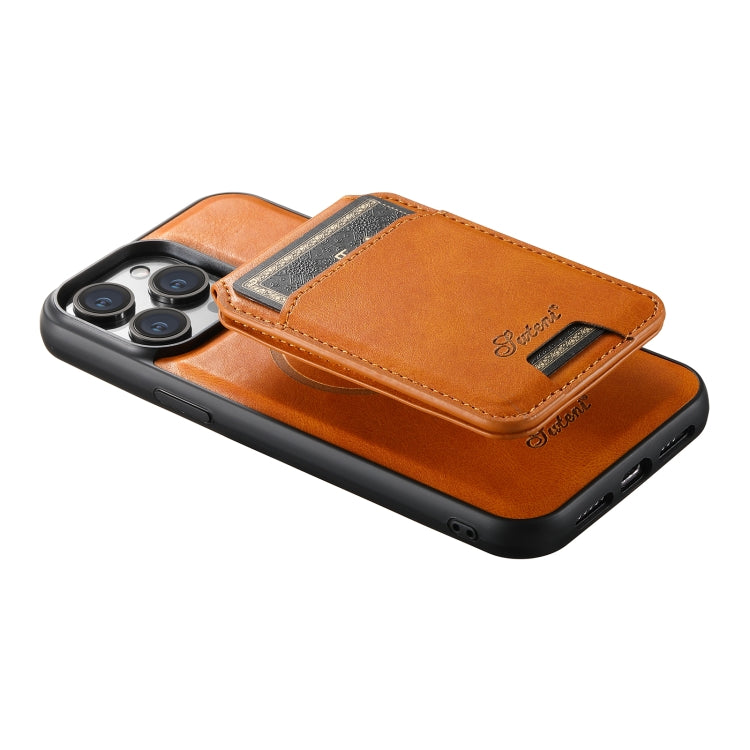 For iPhone 12 Pro Max Suteni H15 MagSafe Oil Eax Leather Detachable Wallet Back Phone Case(Khaki)