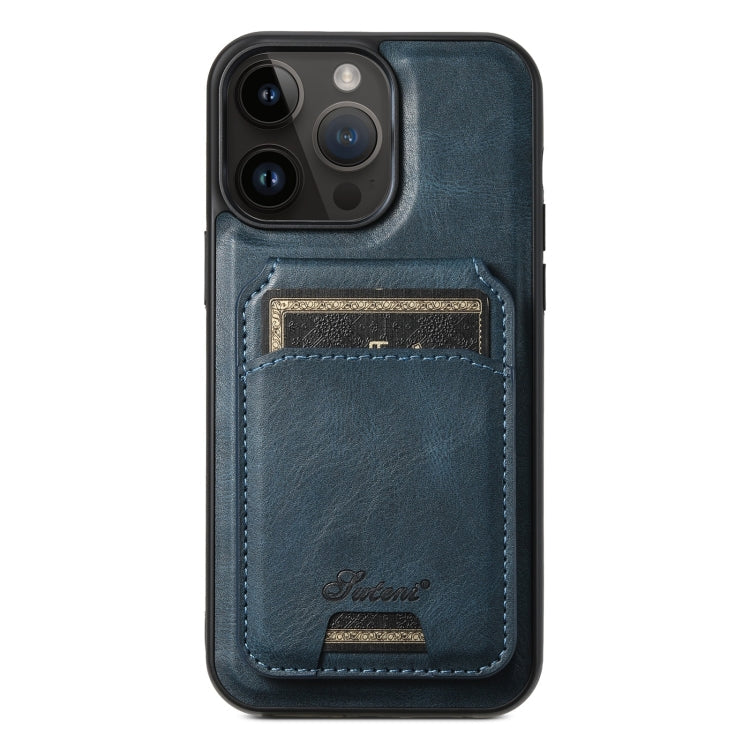 For iPhone 12 Pro Max Suteni H15 MagSafe Oil Eax Leather Detachable Wallet Back Phone Case(Blue)