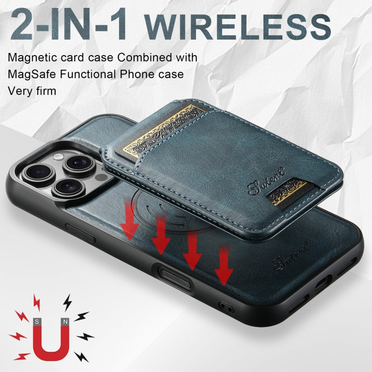 For iPhone 16 Suteni H15 MagSafe Oil Eax Leather Detachable Wallet Back Phone Case(Blue)