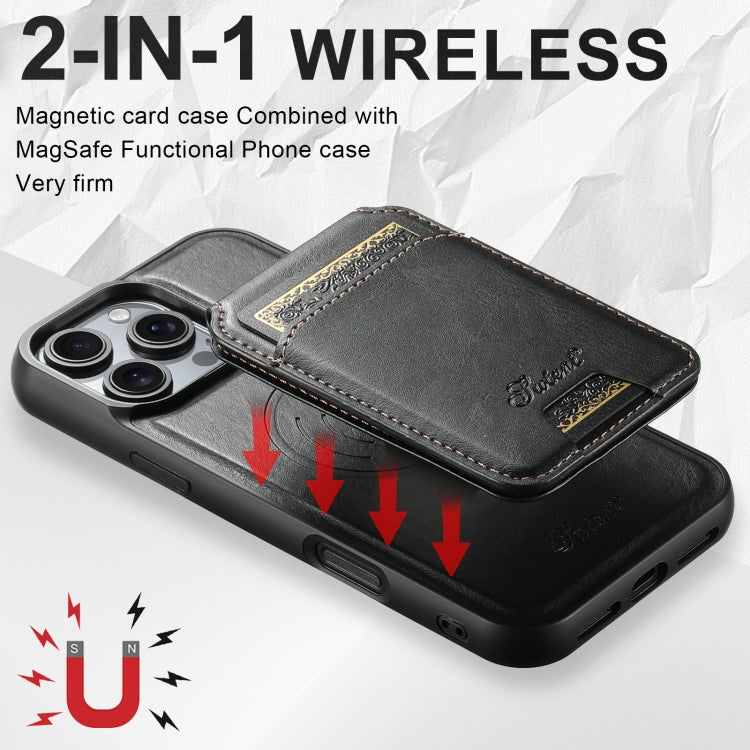 For iPhone 16 Pro Suteni H15 MagSafe Oil Eax Leather Detachable Wallet Back Phone Case(Black)