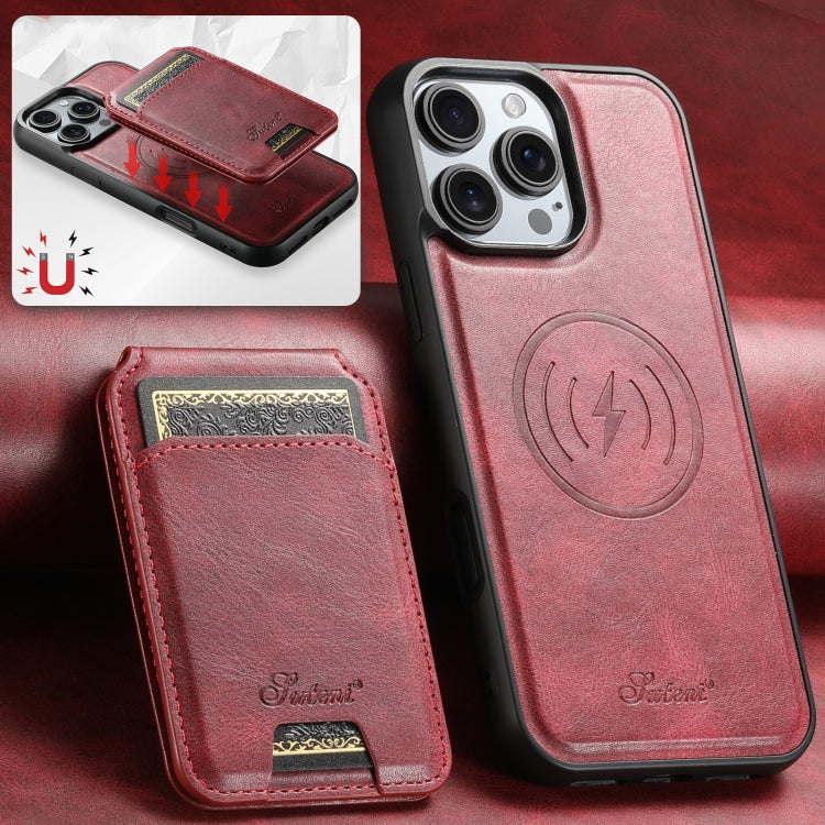 For iPhone 16 Pro Suteni H15 MagSafe Oil Eax Leather Detachable Wallet Back Phone Case(Red)