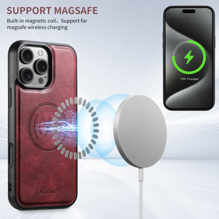 For iPhone 16 Pro Suteni H15 MagSafe Oil Eax Leather Detachable Wallet Back Phone Case(Red)