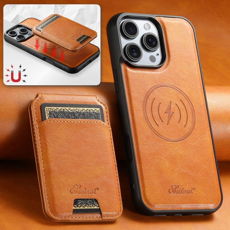 For iPhone 16 Pro Suteni H15 MagSafe Oil Eax Leather Detachable Wallet Back Phone Case(Khaki)