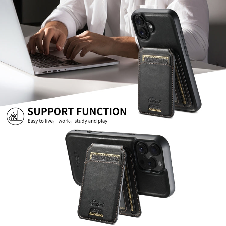 For iPhone 16 Plus Suteni H15 MagSafe Oil Eax Leather Detachable Wallet Back Phone Case(Black)