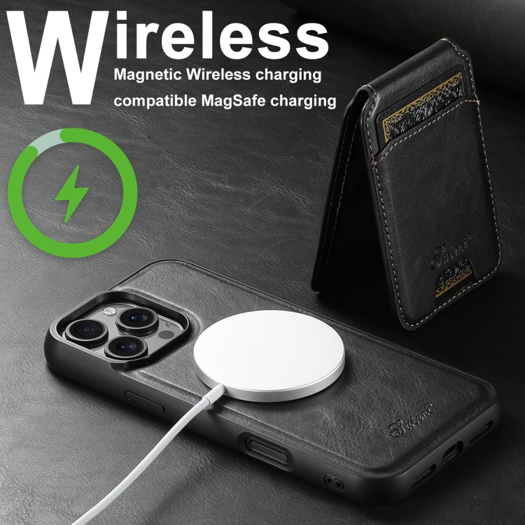 For iPhone 16 Plus Suteni H15 MagSafe Oil Eax Leather Detachable Wallet Back Phone Case(Black)