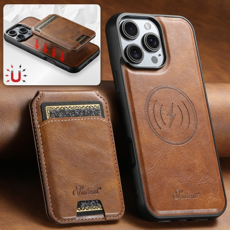 For iPhone 16 Plus Suteni H15 MagSafe Oil Eax Leather Detachable Wallet Back Phone Case(Brown)