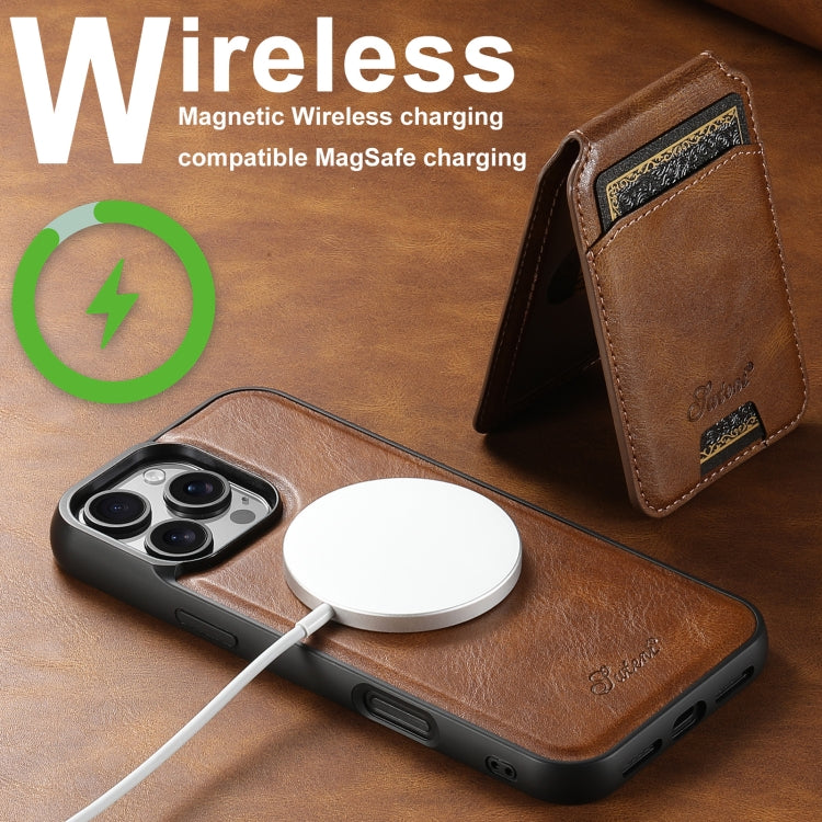 For iPhone 16 Plus Suteni H15 MagSafe Oil Eax Leather Detachable Wallet Back Phone Case(Brown)