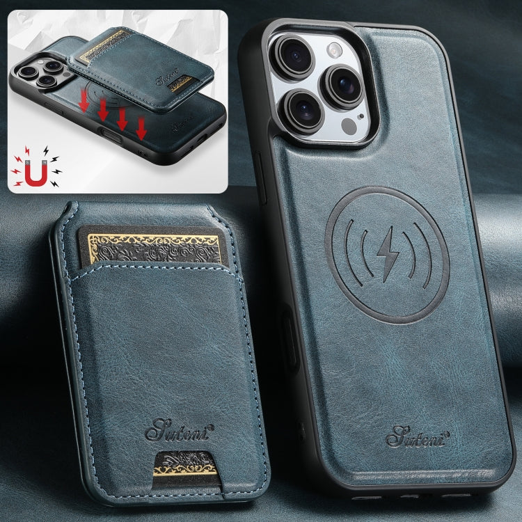 For iPhone 16 Plus Suteni H15 MagSafe Oil Eax Leather Detachable Wallet Back Phone Case(Blue)