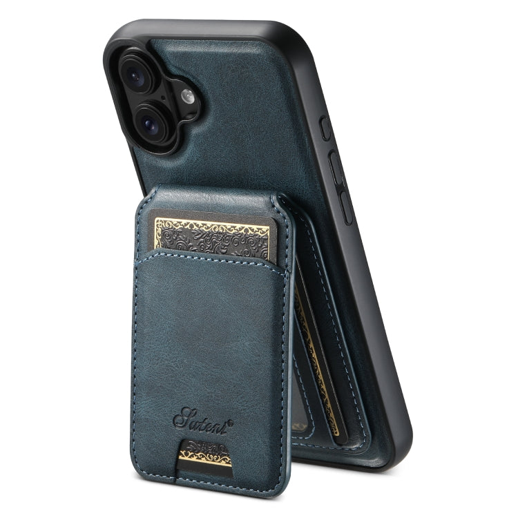 For iPhone 16 Plus Suteni H15 MagSafe Oil Eax Leather Detachable Wallet Back Phone Case(Blue)