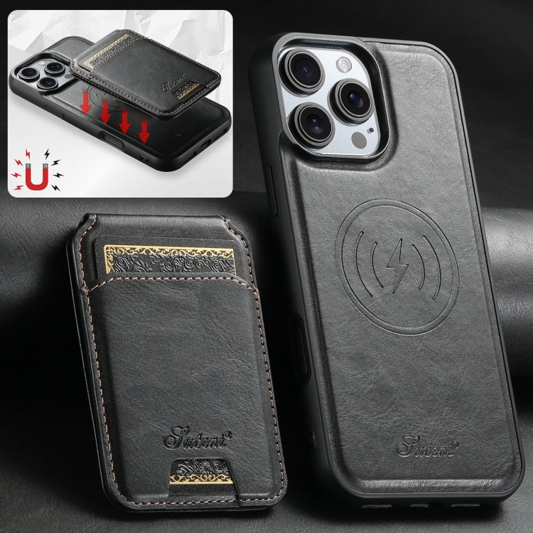 For iPhone 16 Pro Max Suteni H15 MagSafe Oil Eax Leather Detachable Wallet Back Phone Case(Black)