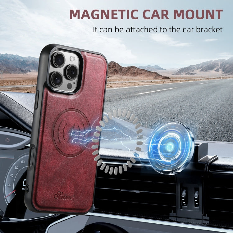 For iPhone 16 Pro Max Suteni H15 MagSafe Oil Eax Leather Detachable Wallet Back Phone Case(Red)
