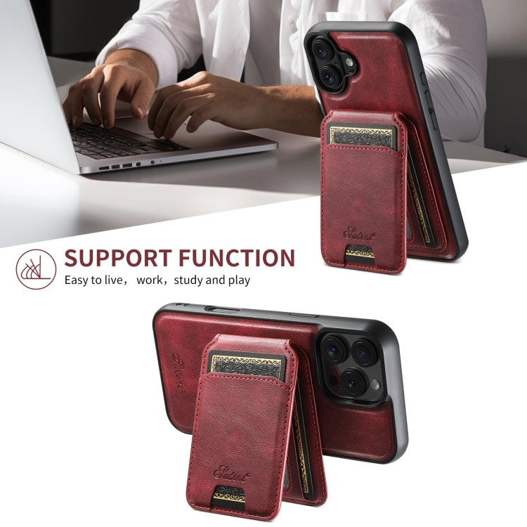 For iPhone 16 Pro Max Suteni H15 MagSafe Oil Eax Leather Detachable Wallet Back Phone Case(Red)