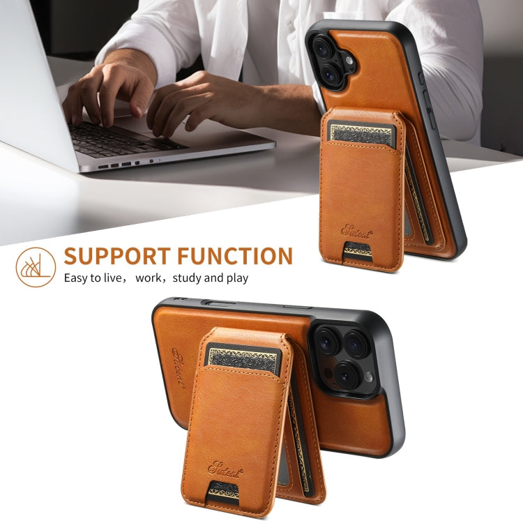 For iPhone 16 Pro Max Suteni H15 MagSafe Oil Eax Leather Detachable Wallet Back Phone Case(Khaki)