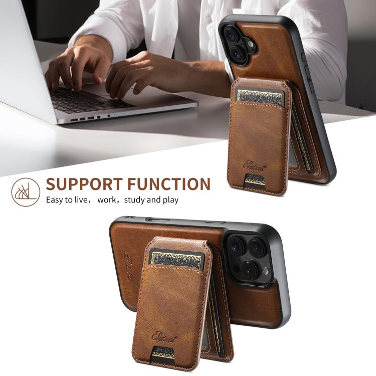 For iPhone 17e / 16e Suteni H15 MagSafe Oil Eax Leather Detachable Wallet Back Phone Case(Brown)
