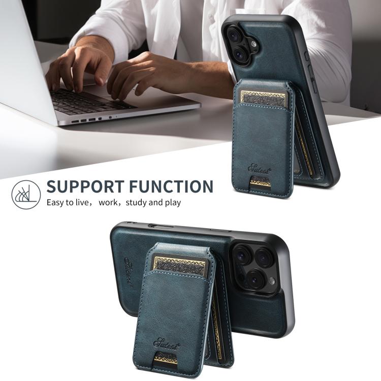 For iPhone 17e / 16e Suteni H15 MagSafe Oil Eax Leather Detachable Wallet Back Phone Case(Blue)