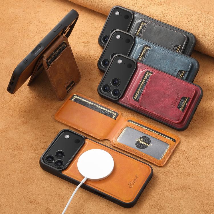 For iPhone 17e / 16e Suteni H15 MagSafe Oil Eax Leather Detachable Wallet Back Phone Case(Blue)