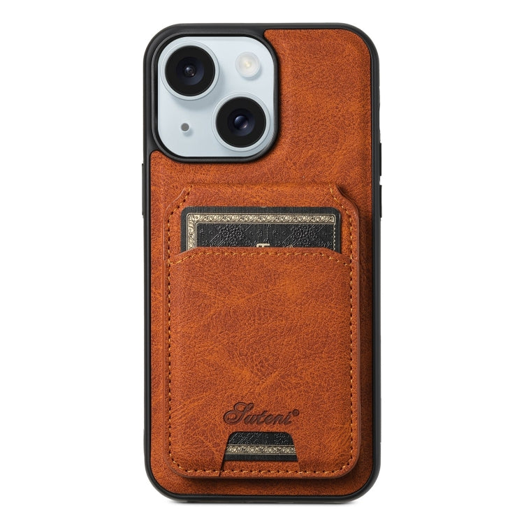 For iPhone 15 Plus Suteni H16 Litchi Texture Leather Detachable Wallet Back Phone Case(Khaki)