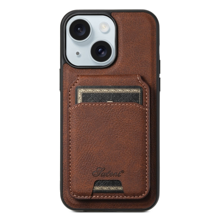 For iPhone 15 Suteni H16 Litchi Texture Leather Detachable Wallet Back Phone Case(Brown)