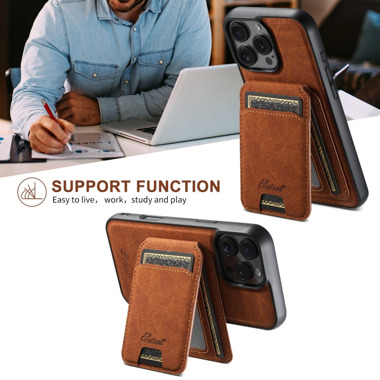 For iPhone 16 Pro Suteni H16 Litchi Texture Leather Detachable Wallet Back Phone Case(Khaki)