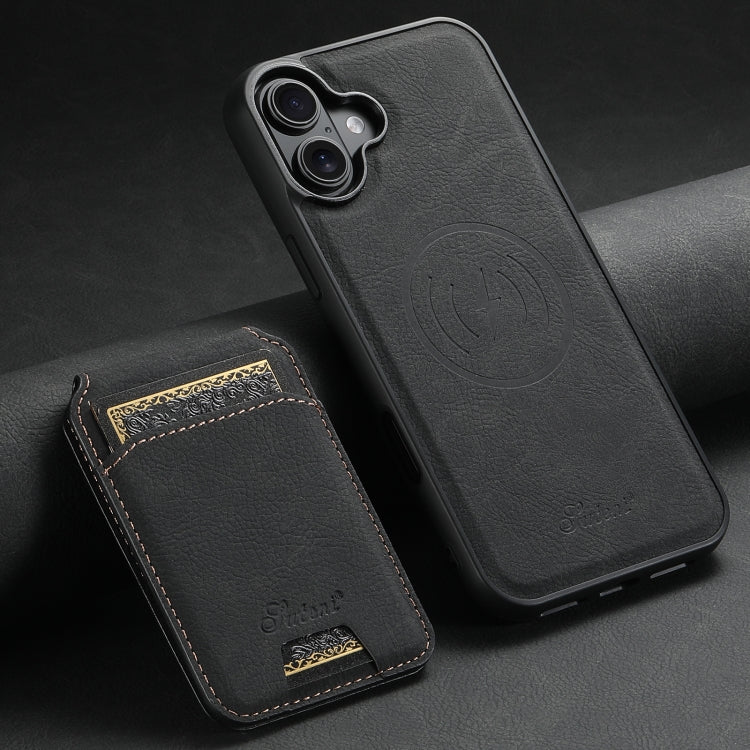 For iPhone 16 Plus Suteni H16 Litchi Texture Leather Detachable Wallet Back Phone Case(Black)