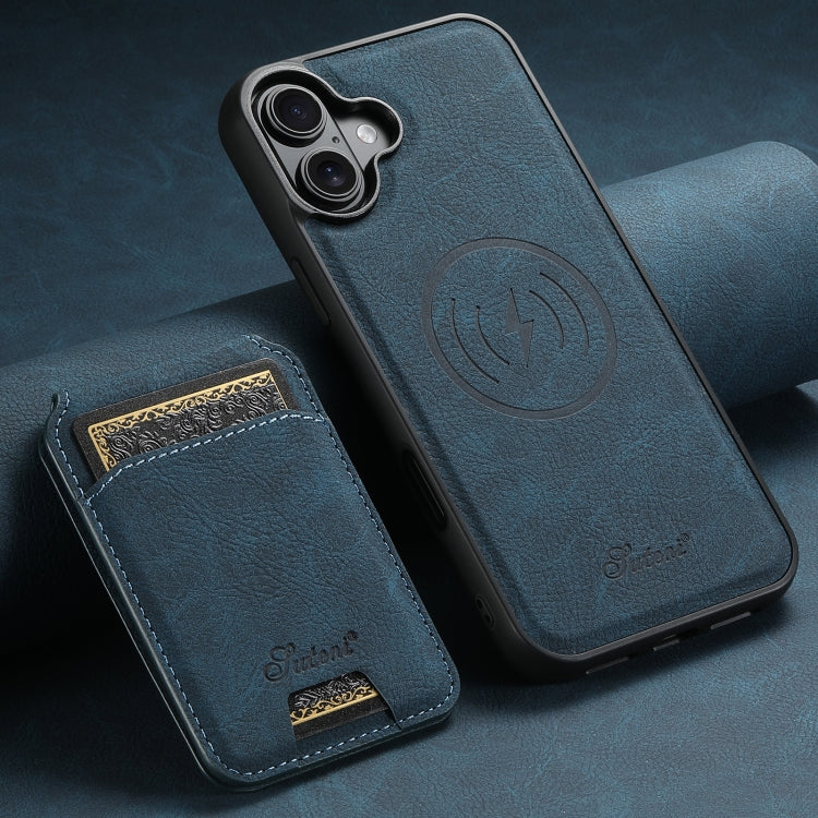 For iPhone 16 Plus Suteni H16 Litchi Texture Leather Detachable Wallet Back Phone Case(Blue)