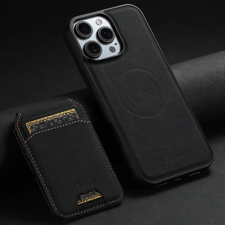 For iPhone 16 Pro Max Suteni H16 Litchi Texture Leather Detachable Wallet Back Phone Case(Black)