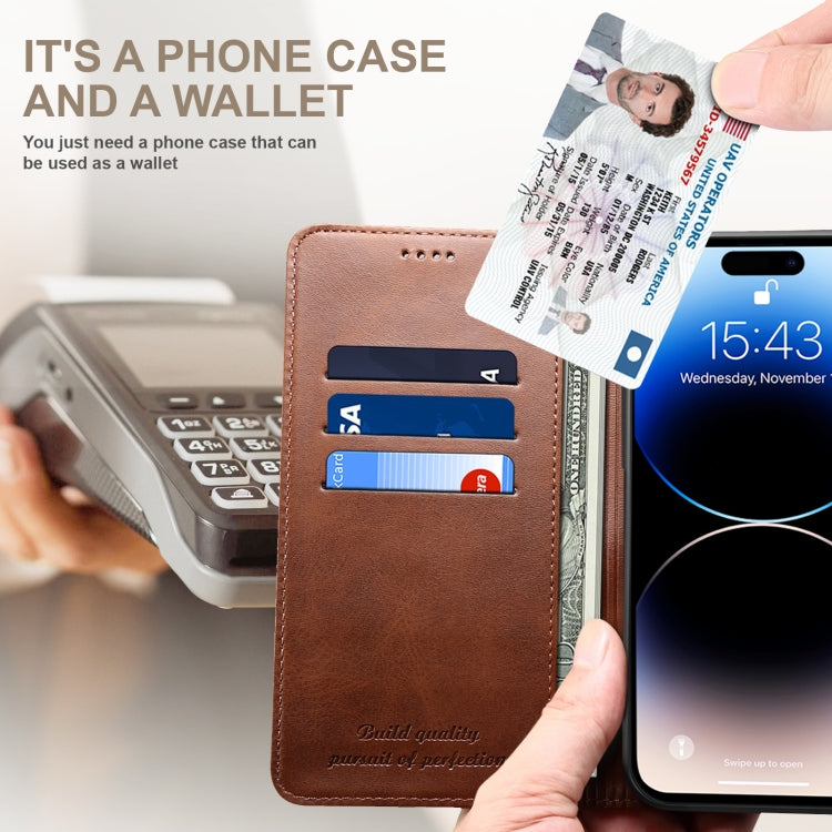 For iPhone 16 Suteni Calf Texture Horizontal Flip Leather Phone Case(Brown)
