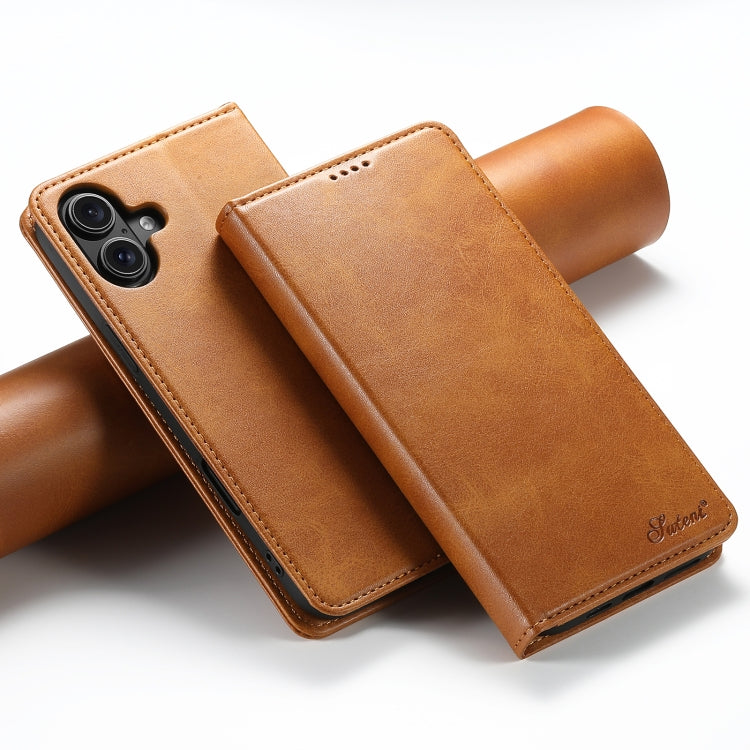 For iPhone 16 Plus Suteni Calf Texture Horizontal Flip Leather Phone Case(Khaki)