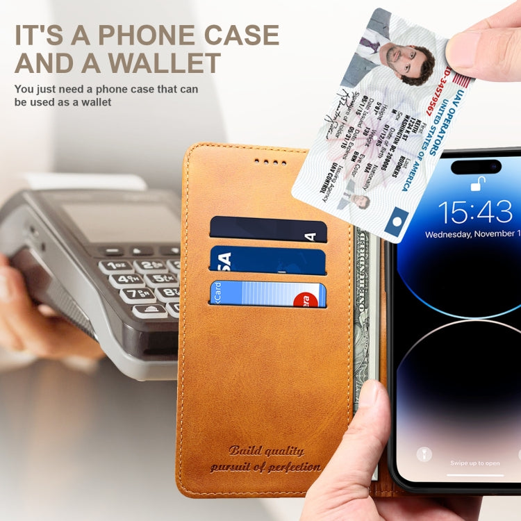 For iPhone 16 Plus Suteni Calf Texture Horizontal Flip Leather Phone Case(Khaki)