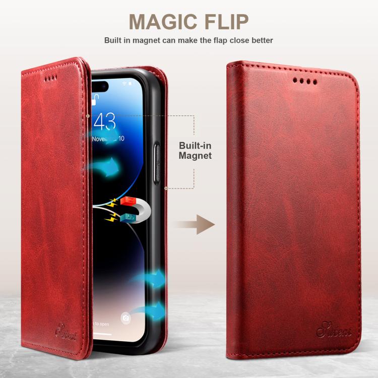 For iPhone 17e / 16e Suteni Calf Texture Horizontal Flip Leather Phone Case(Red)