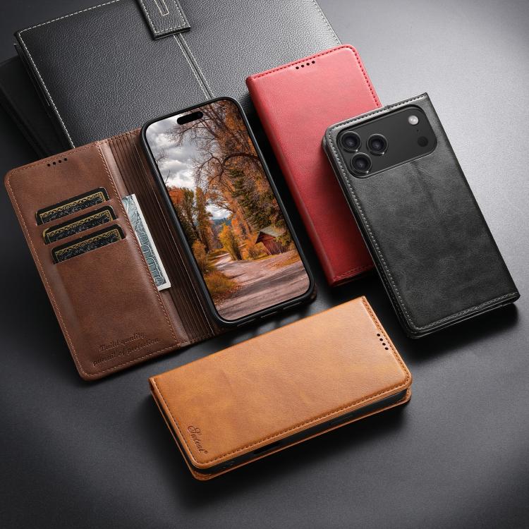 For iPhone 16 Suteni Calf Texture Horizontal Flip Leather Phone Case(Black)