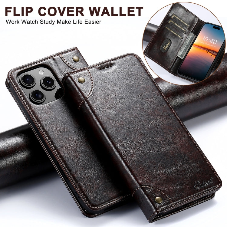 For iPhone 16 Suteni Baroque Calf Texture Buckle Wallet Leather Phone Case(Brown)