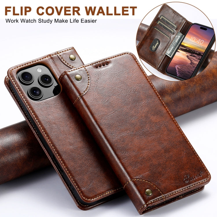 For iPhone 16 Suteni Baroque Calf Texture Buckle Wallet Leather Phone Case(Khaki)