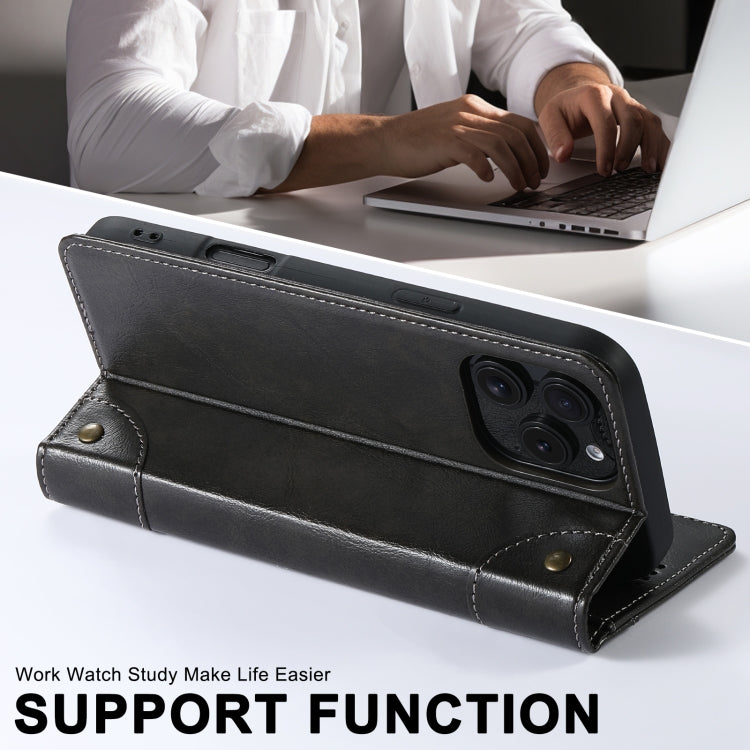 For iPhone 16 Pro Suteni Baroque Calf Texture Buckle Wallet Leather Phone Case(Black)