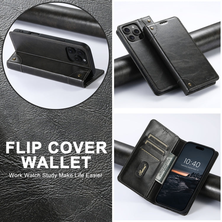 For iPhone 16 Pro Suteni Baroque Calf Texture Buckle Wallet Leather Phone Case(Black)