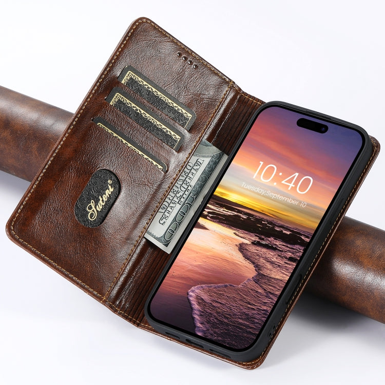 For iPhone 16 Pro Suteni Baroque Calf Texture Buckle Wallet Leather Phone Case(Khaki)