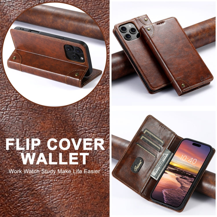 For iPhone 16 Pro Suteni Baroque Calf Texture Buckle Wallet Leather Phone Case(Khaki)