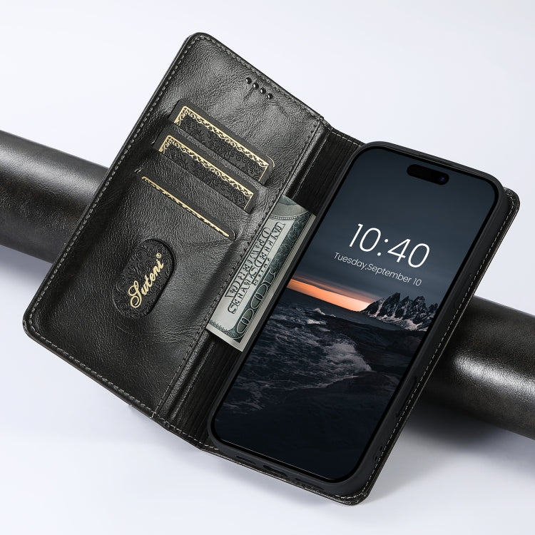 For iPhone 16 Plus Suteni Baroque Calf Texture Buckle Wallet Leather Phone Case(Black)